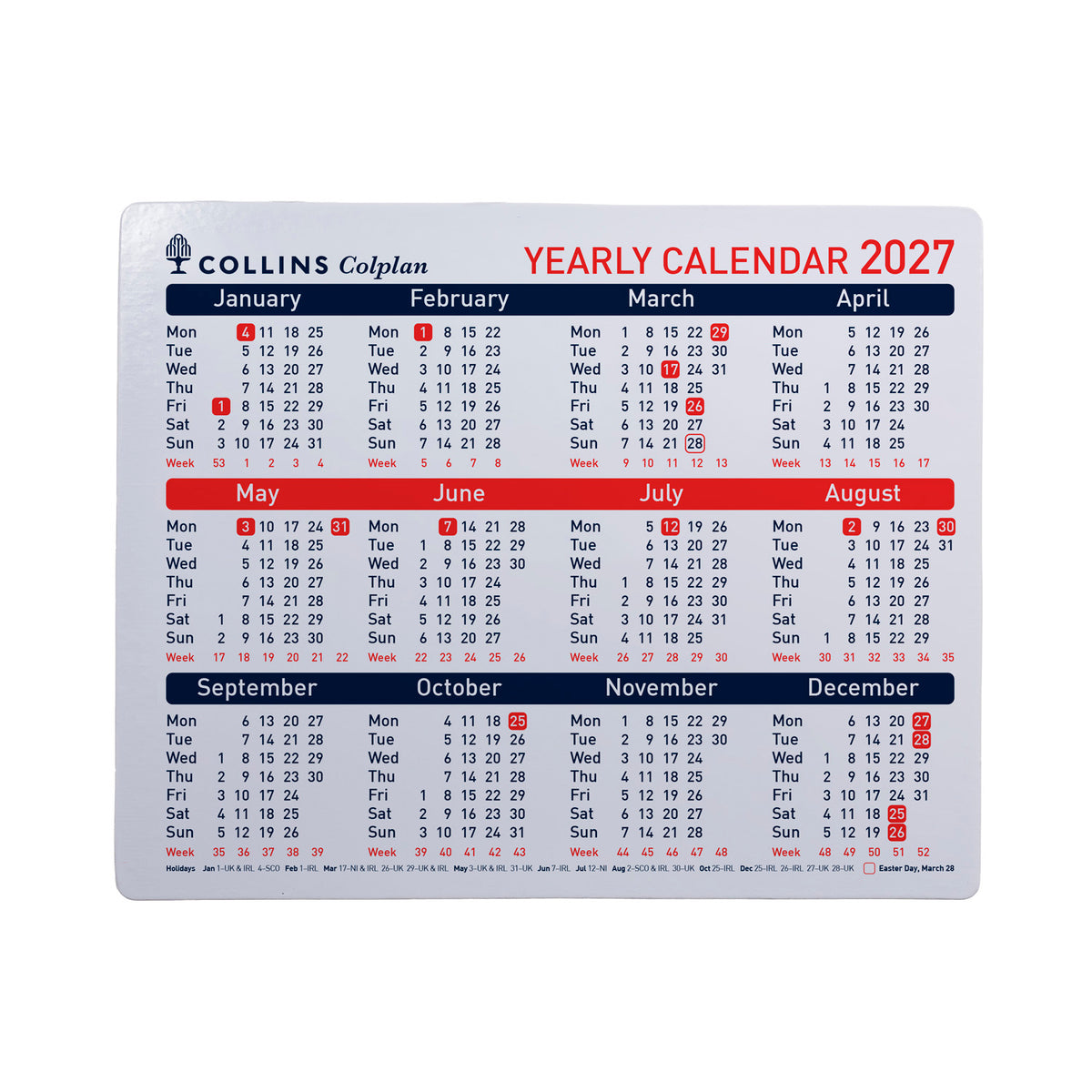 2027 Calendar - 12 Month 210x260mm Yearly Calendar - Collins Debden Colplan Range (CDS1-27)