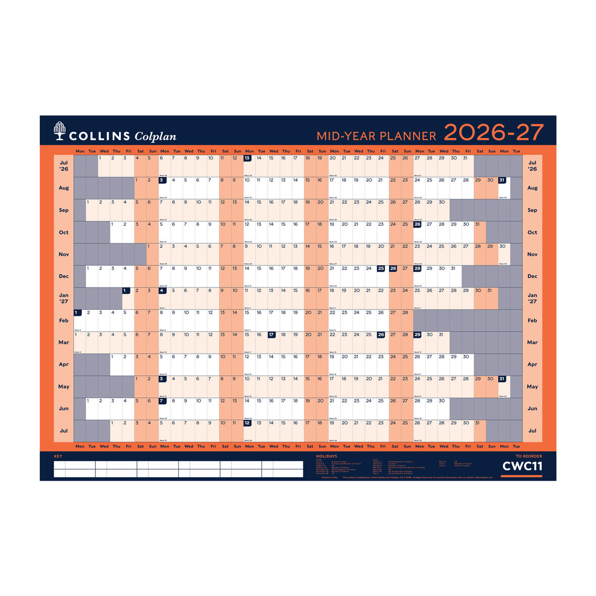 2026-2027 - Mid / Academic Year Wall Planner - Collins Debden Colplan Range