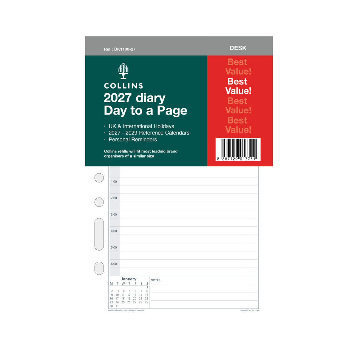 2027 Desk Organiser Refill - 12 Month Day-to-Page Refill - Collins Debden (DK1100) (DK1100-27)