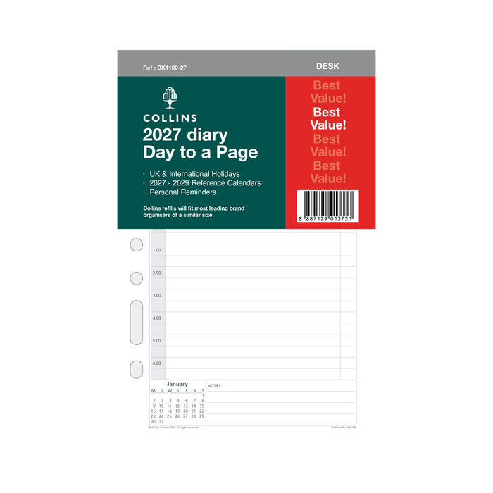 2027 Desk Organiser Refill - 12 Month Day-to-Page Refill - Collins Debden (DK1100) (DK1100-27)