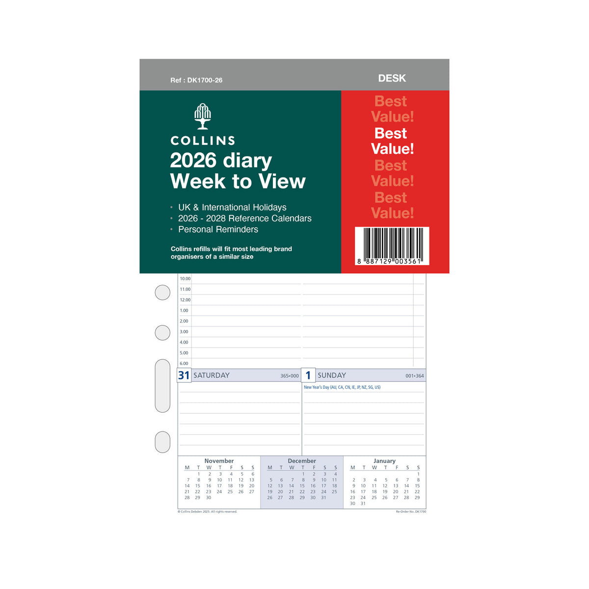 Desk Organiser - 2026 Week to View Refill (DK1700-26)