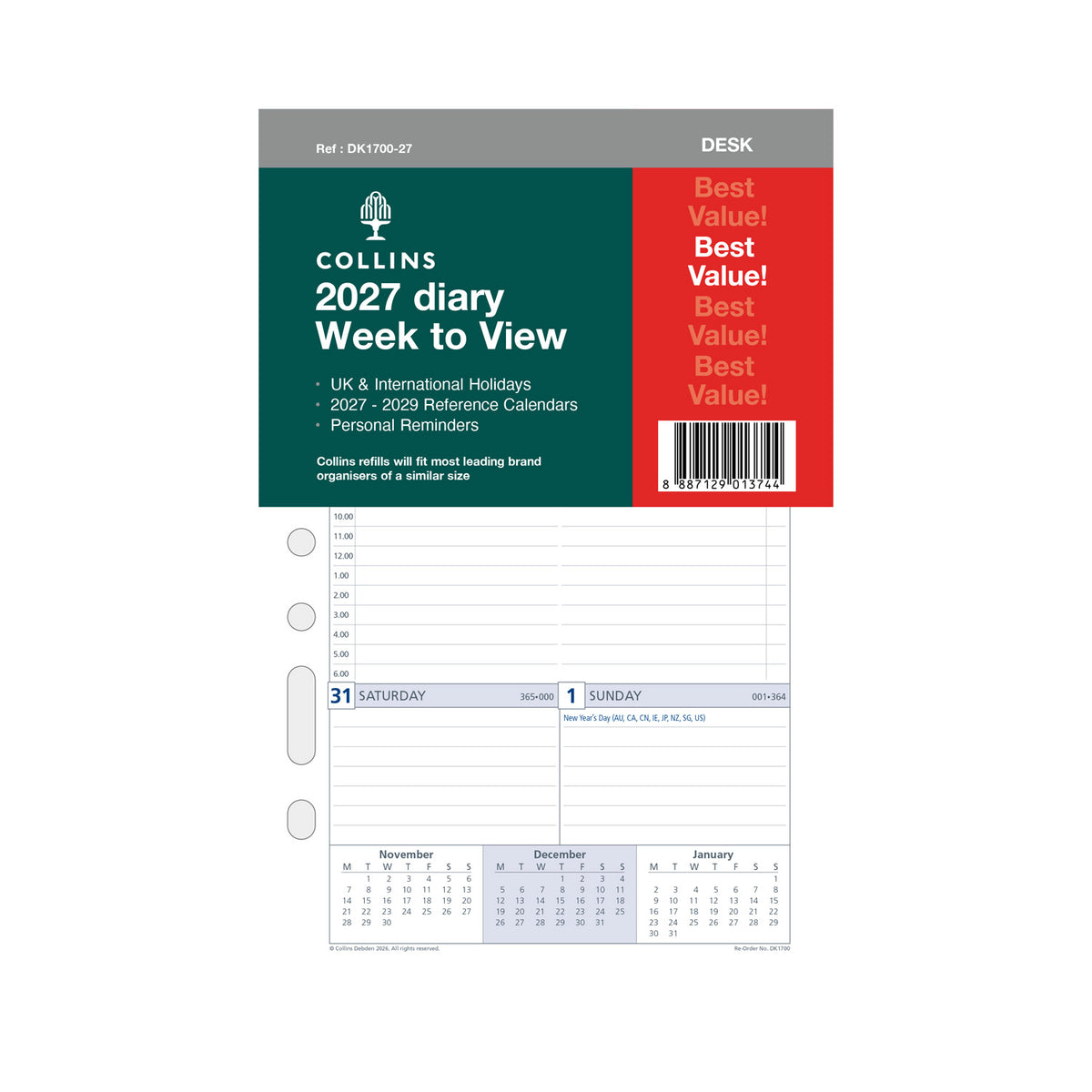 2027 Desk Organiser Refill - 12 Month Week-to-View Refill - Collins Debden (DK1700) (DK1700-27)