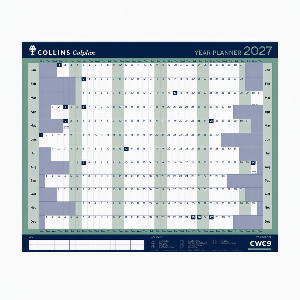 2027 Calendar Year Planner - 12 Month 594x840mm Wall Planner - Collins Debden Colplan Range (CWC9-27)