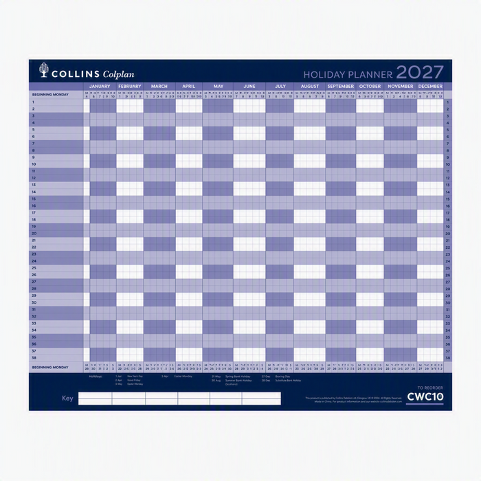 2027 Calendar Year Planner - 12 Month 594x840mm Wall Planner - Collins Debden Colplan Range (CWC10-27)