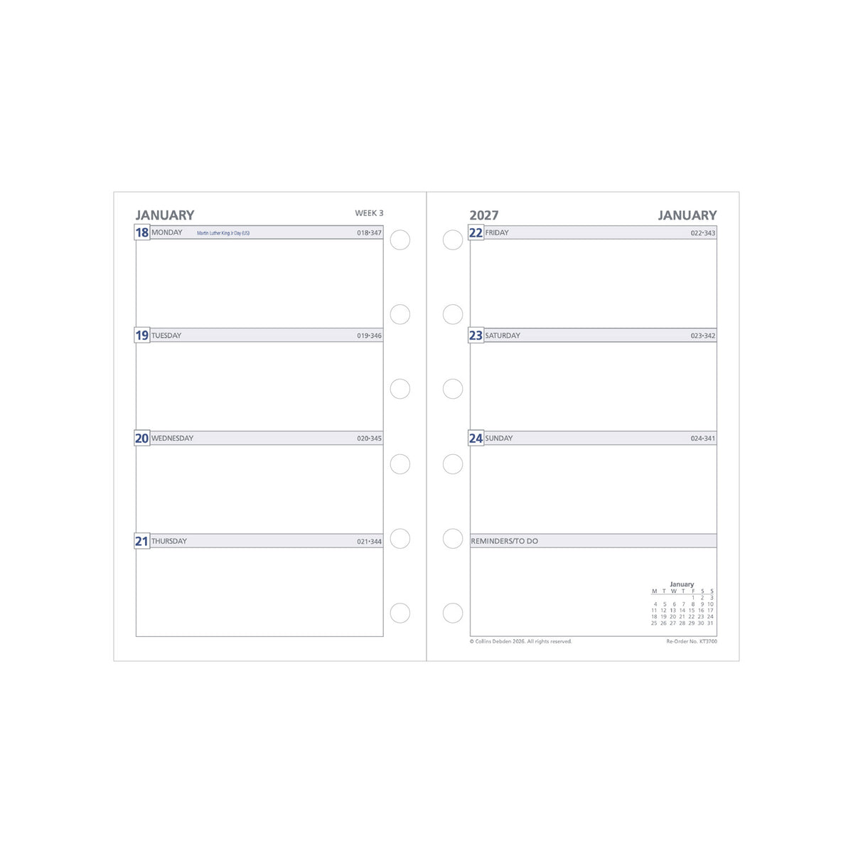 2027 Pocket Organiser Refill- 12 Month Pocket Week-to-View Diary Refill - Collins Debden (KT3700-27)
