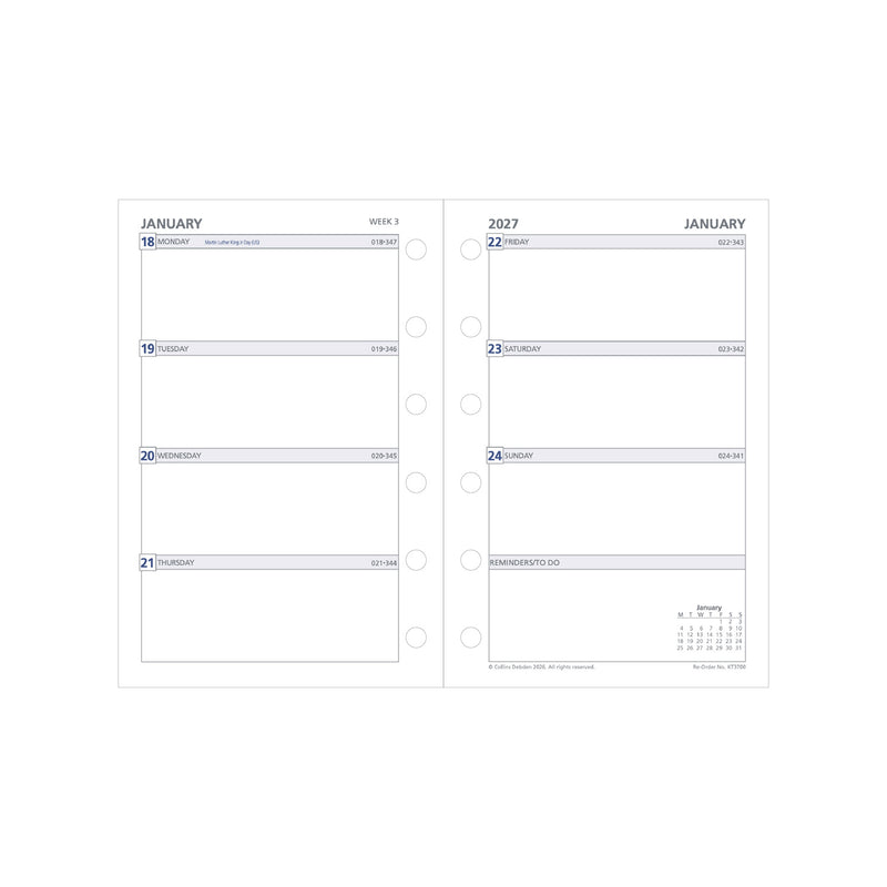 2027 Pocket Organiser Refill- 12 Month Pocket Week-to-View Diary Refill - Collins Debden (KT3700-27)