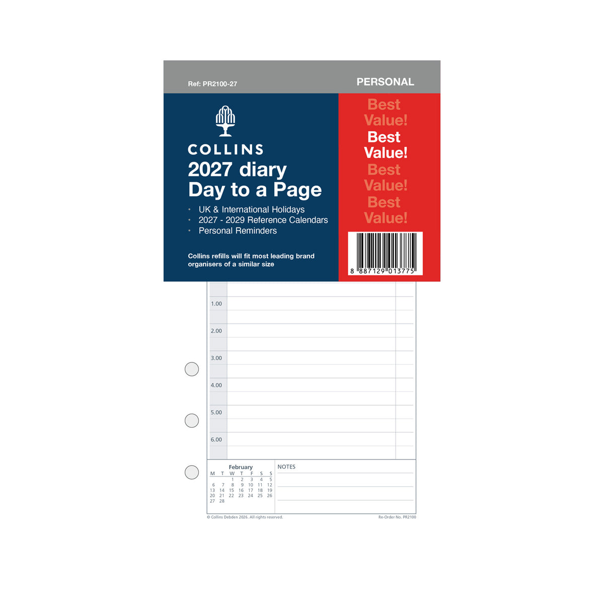 2027 Personal Organiser Refill - 12 Month Day-to-Page Appointments Diary Refill - Collins Debden (PR2100-27)