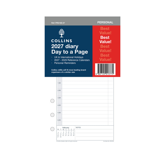2027 Personal Organiser Refill - 12 Month Day-to-Page Appointments Diary Refill - Collins Debden (PR2100-27)
