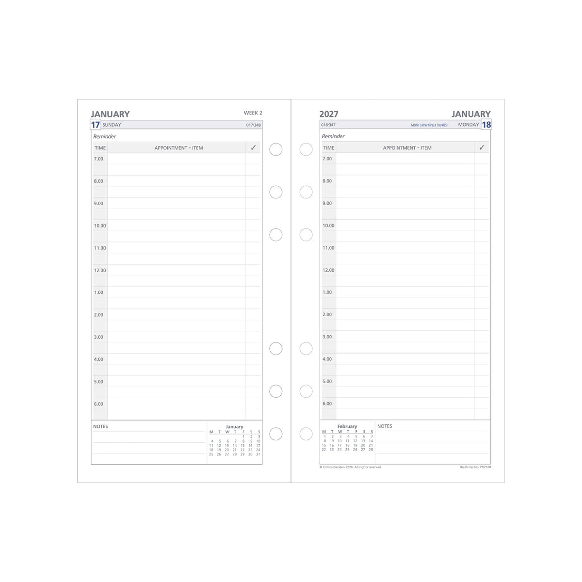 2027 Personal Organiser Refill - 12 Month Day-to-Page Appointments Diary Refill - Collins Debden (PR2100-27)