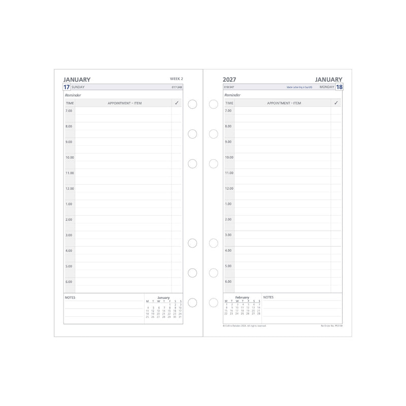 2027 Personal Organiser Refill - 12 Month Day-to-Page Appointments Diary Refill - Collins Debden (PR2100-27)