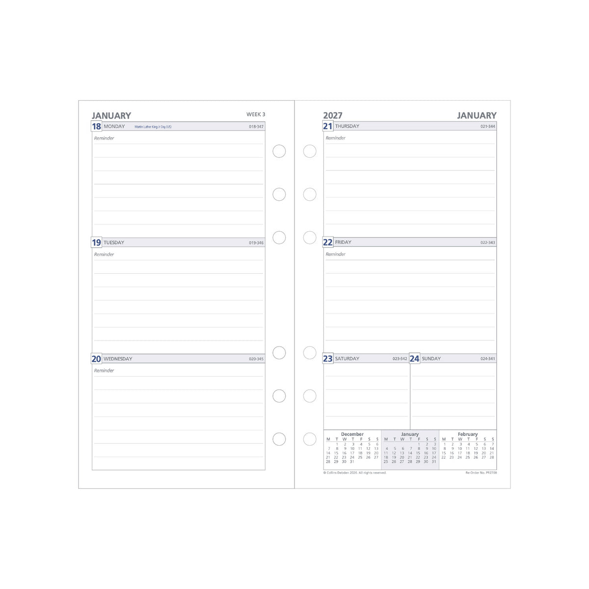 2027 Personal Organiser Refill - 12 Month Week-to-View Diary Refill - Collins Debden (PR2700-27)