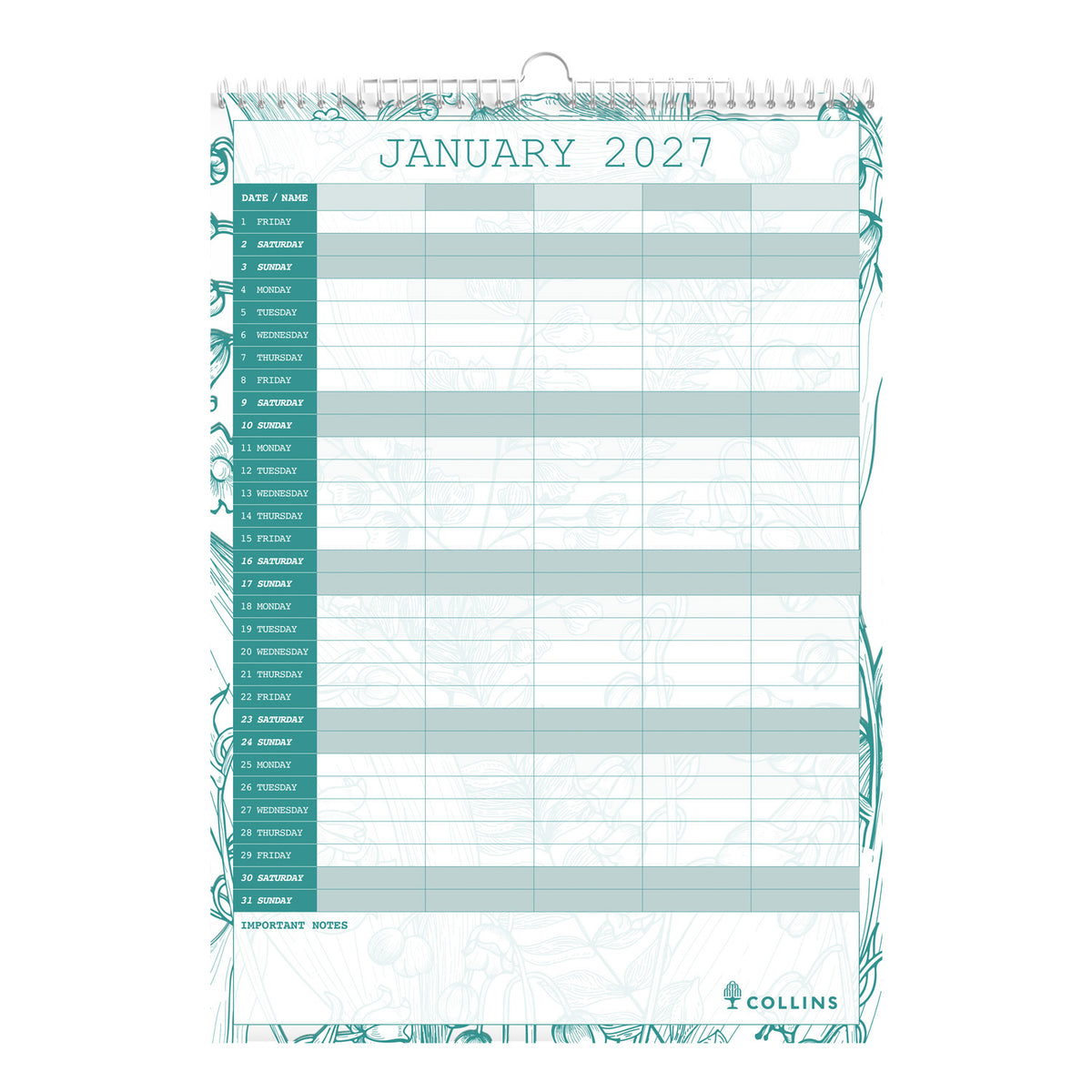 2027 Calendar - 12 Month A3 Family Month-to-View Calendar - Collins Debden Tara Range (TAFC135-27)