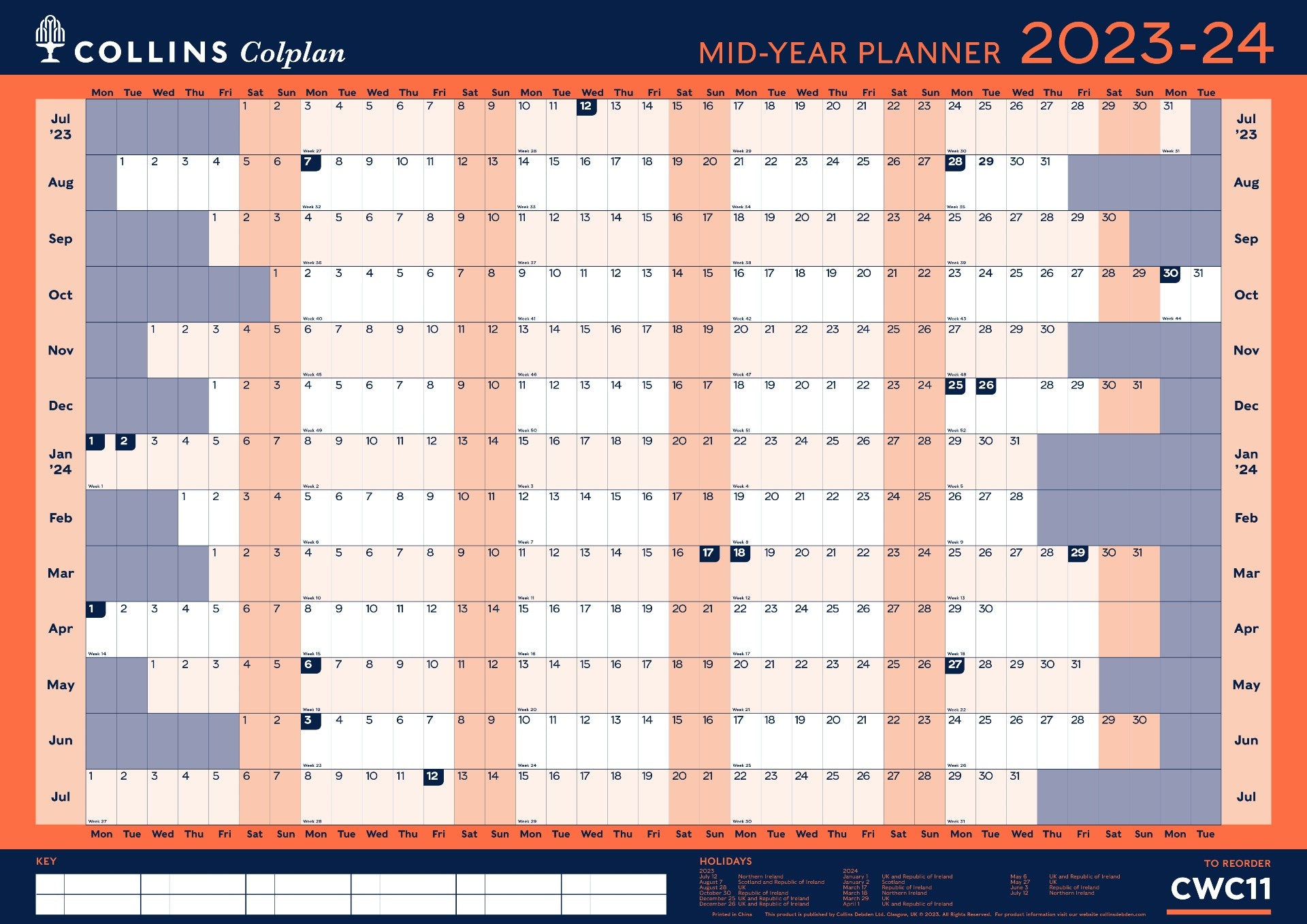 Colplan - A1 Wall Planner Mid Year Academic 2023-24 Calendar (CWC11-2324)